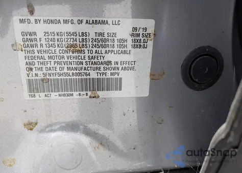 2020 Honda Pilot 2Wd Ex-L z USA, uszkodzony, nr VIN 5FNYF5H55LB005764